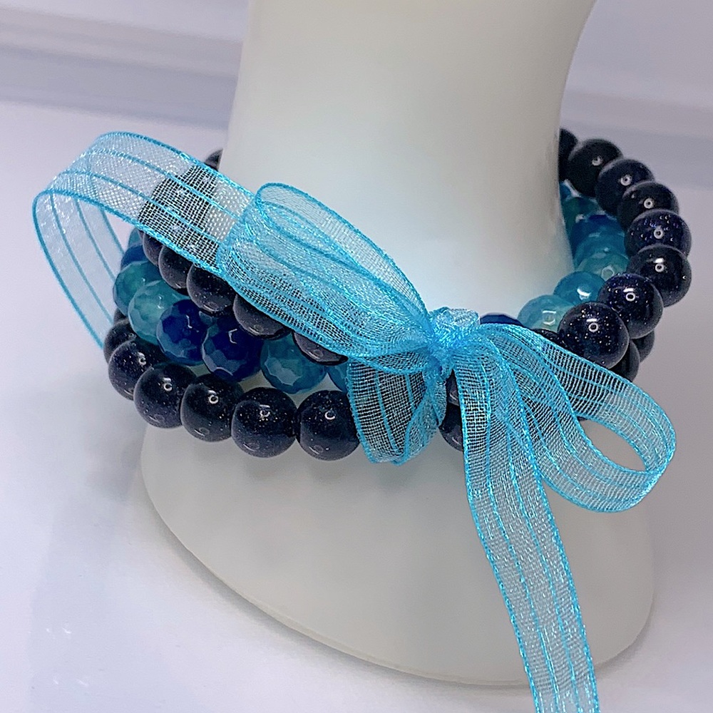 BLUE SANDSTONE + DRAGON VEINS  AGATE SET NATURAL BRACELETS size 7” - Picture 7 of 8